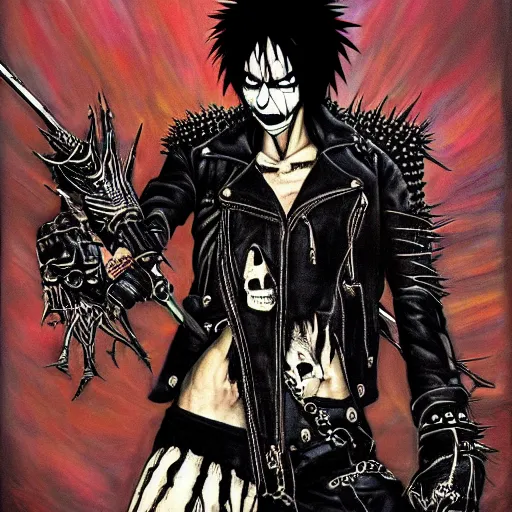 Image similar to a portrait of the grim reaper as a punk rocker, punk, skeleton face, mohawk, dark, fantasy, leather jackets, spiked collars, spiked wristbands, piercings, boots, electric guitars, motorcycles, ultrafine detailed painting by frank frazetta and vito acconci and takeshi obata, death note style, detailed painting