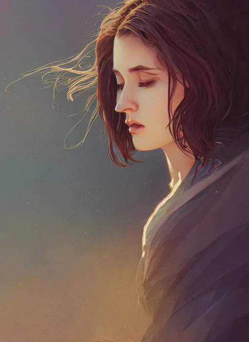 Image similar to handsome young women with shoulder length brown hair, smoke, foggy, half body shot, path traced, highly detailed, high quality, digital painting, alena aenami, lilia alvarado, shinji aramaki, karol bak, alphonse mucha, tom bagshaw