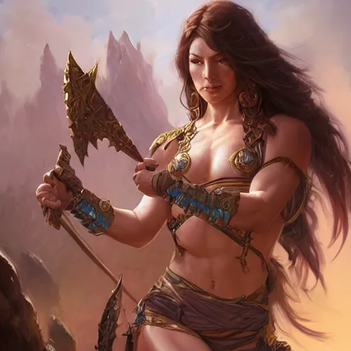 Image similar to muscular female warrior, deep focus, d & d, fantasy, intricate, elegant bikini, highly detailed, digital painting, artstation, concept art, matte, sharp focus, illustration, hearthstone, art by artgerm and greg rutkowski and alphonse mucha