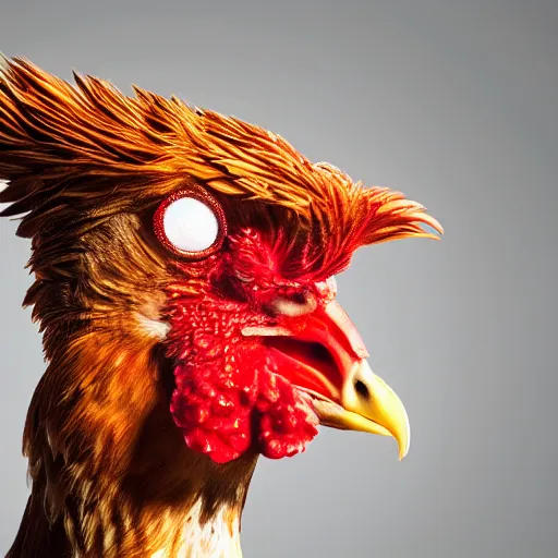 Image similar to a closeup portrait of an antropomorphic chicken wearing a suit, photorealistic