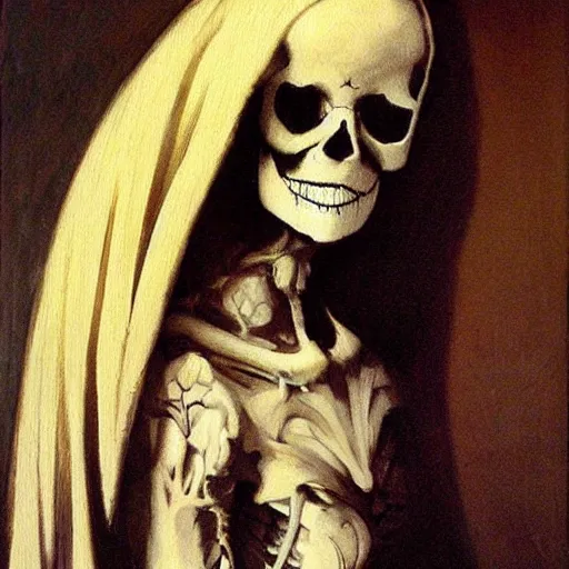 Prompt: portrait painting young woman skeleton, skull face, comic book, beautiful , highly detailed, painted by maxfield parrish and rembrandt
