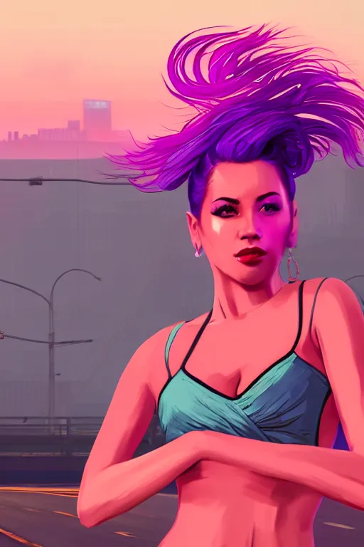 Prompt: a beautiful dancing woman with ombre purple pink hairstyle in a stunning GTA V loading screen, hair blowing in the wind, sunset mood, outrun, vaporware, retro, digital art, trending on artstation