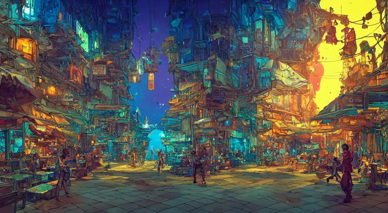 Image similar to bazaar zouk oriantal full color sky shine place mosquet painting stylized digital illustration video game icon global illumination ray tracing that looks like it is from borderlands and by feng zhu and loish and laurie greasley, victo ngai, andreas rocha, john harris