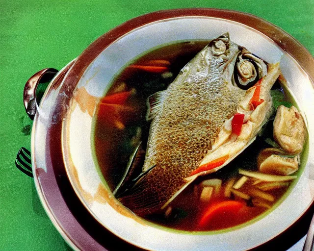 Prompt: 1970's cookbook color photograph of fish head soup sharp detail high detail