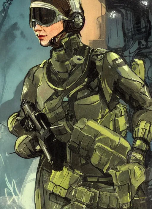 Image similar to Sara. USN blackops operator emerging from water at the shoreline. Operator wearing Futuristic cyberpunk tactical wetsuit and looking at an abandoned shipyard. Frogtrooper. rb6s, MGS, and splinter cell Concept art by James Gurney, Alphonso Mucha. Vivid color scheme.