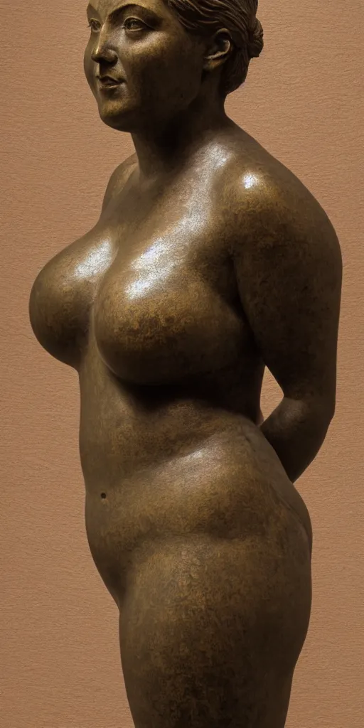 Image similar to detailed photo of an old bronze patina statue of a beautiful curvy woman portrait, intricate detail, museum diffuse lighting