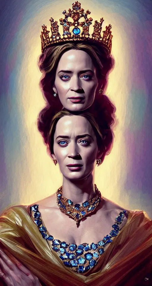 Prompt: portrait of emily blunt as queen, jewelry, greek, sapphire, victorian age, 1 8 9 0, intricate, headshot, key visual, conceptart, ambient lighting, highly detailed, digital painting, artstation, concept art, sharp focus, by makoto shinkai and akihiko yoshida and greg manchess