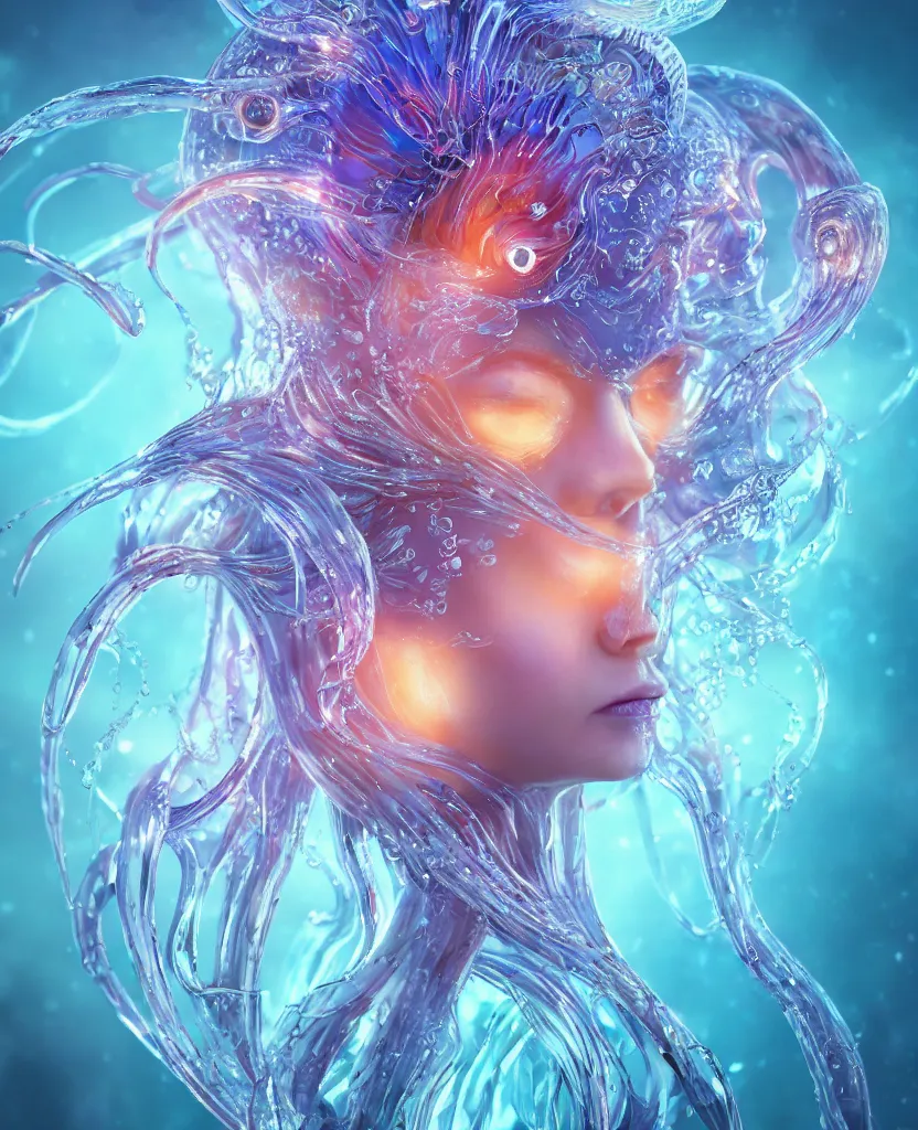 Image similar to close-up macro portrait of the face of a beautiful princess, epic angle and pose, symmetrical artwork, 3d with depth of field, blurred background, cybernetic jellyfish female face skull phoenix bird, translucent, nautilus, energy flows of water and fire. a highly detailed epic cinematic concept art CG render. made in Maya, Blender and Photoshop, octane render, excellent composition, cinematic dystopian brutalist atmosphere, dynamic dramatic cinematic lighting, aesthetic, very inspirational, arthouse. y Greg Rutkowski, Ilya Kuvshinov, WLOP, Stanley Artgerm Lau, Ruan Jia and Fenghua Zhong