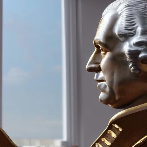 Image similar to a closeup photorealistic photograph of a happy George Washington inspecting small gold Doubloon coins at his home on Cherry Street. This 4K HD image is Trending on Artstation, featured on Behance, well-rendered, extra crisp, features intricate detail and the style of Unreal Engine.