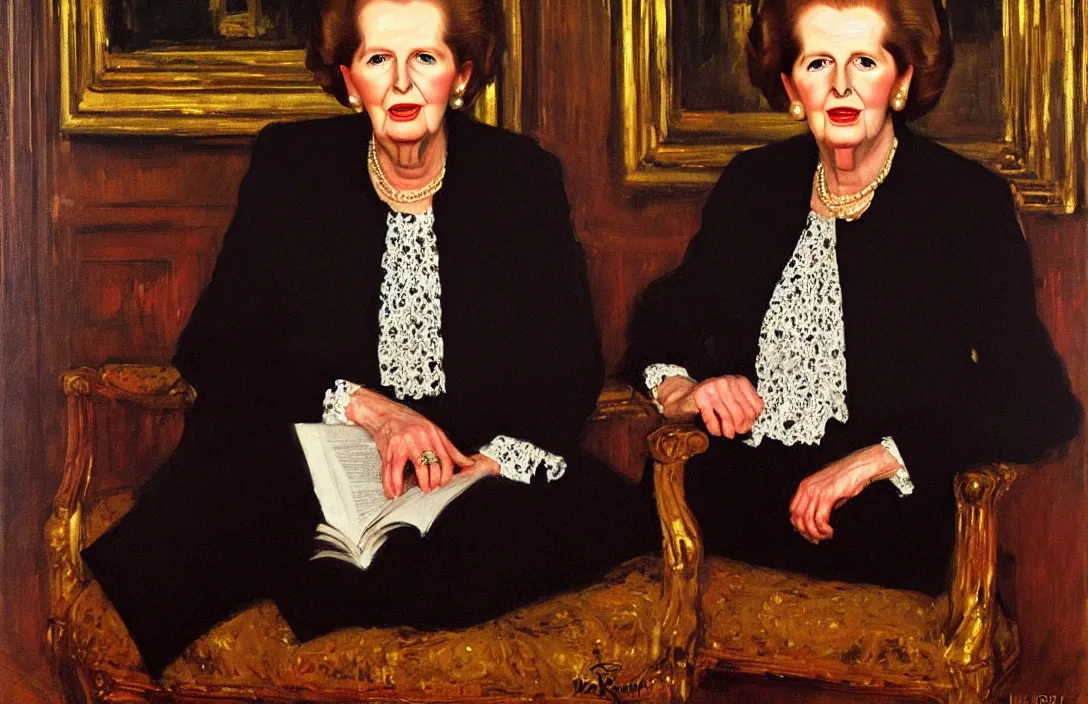 Prompt: portrait of margaret thatcher!!!!!!!!!!!!!!!!!!!!!!!!!!!, detailed face, detailed painting, detailed no. 1 0 downing street, epic lighting, by ilya repin and phil hale