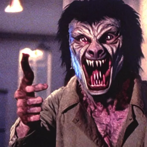 Image similar to film still of a funny looking werewolf extending out his hand in an american werewolf in london