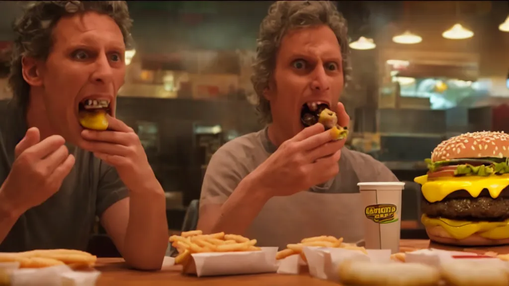 Image similar to the strange creature eats a cheeseburger, at the fast food restaurant, television commercial, directed by david cronenberg studio lighting, extremely professional