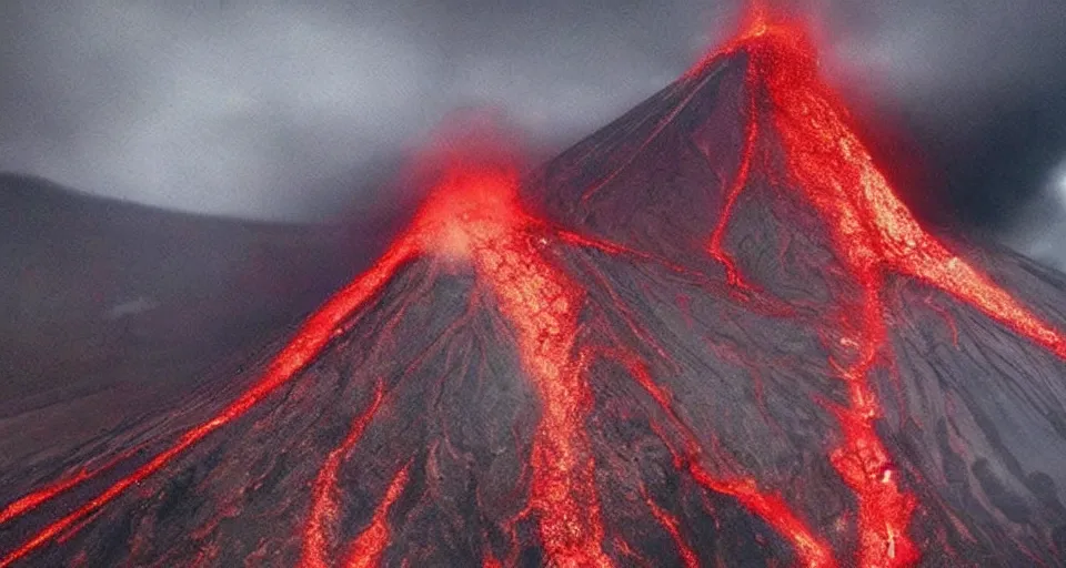 Image similar to a volcano made of ivory vines and crimson rocks enters in eruption, it spits a smoke in the shape of demonic eye, by Zack Snyder