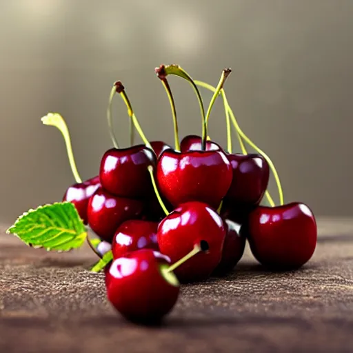 Image similar to photo realistic Few fresh cherries in kitchen