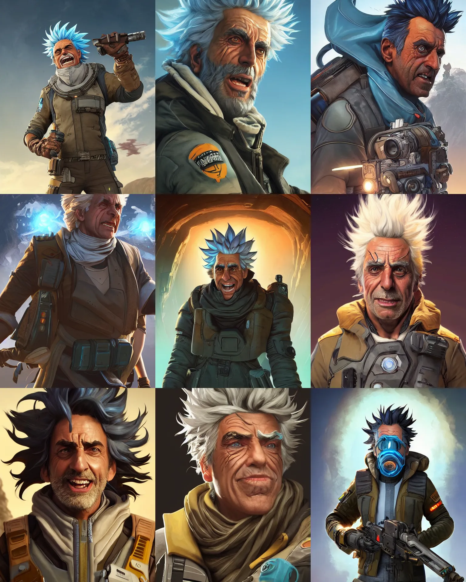 Prompt: Rick Sanchez as an Apex Legends character digital illustration portrait design by, Mark Brooks and Brad Kunkle detailed, gorgeous lighting, wide angle action dynamic portrait