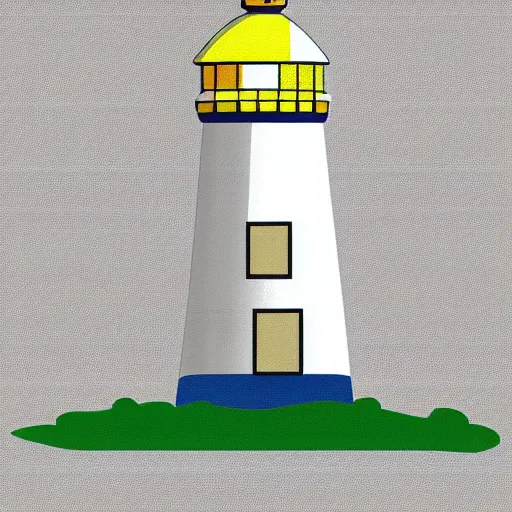 Image similar to a tricolour linen flag depicting a lighthouse that is made of white stone on a small coral island surrounded by ocean, flat graphic design