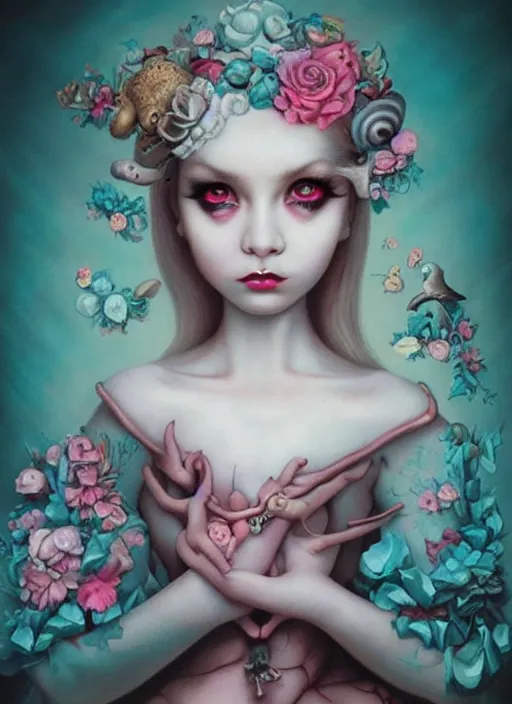 Image similar to pop surrealism, lowbrow art, realistic cute girl painting, japanese street fashion, hyper realism, vivid colours, rococo, natalie shau, loreta lux, tom bagshaw, mark ryden, trevor brown style,