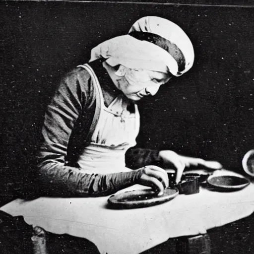 Image similar to an early 1800s photo of someone sitting at a computer making a donut in blender3d