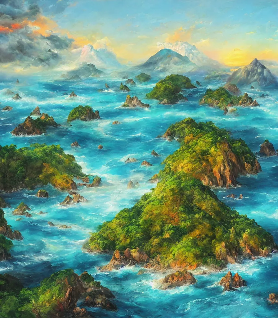 Image similar to a Breathtakingly enchanted landscape with Tropical islands in a colourful ocean and magnificent msystic volcanoes in the background, that are slightly obscured by magical mist in the style of Ken Hong Leung, artstudio, impasto oil painting, high fidelity, fine-grained, charcoal line art