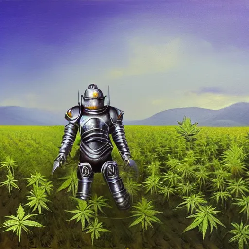 Image similar to a highly detailey oil painting of a full armored knight in a cannabis field. brush strokes. 4 k. colorful. photoshop. trending on artstation