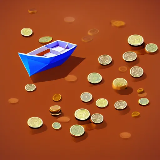 Prompt: boat in the dessert filled with coin and jewl collectables, game concept, low poly, horizontal view