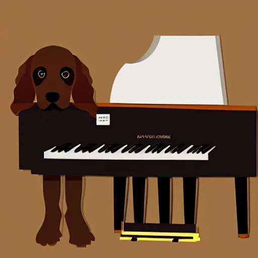 Image similar to a brown spaniel with a white chest , sat down playing a grand piano.modern. Cartoon. Artwork. no text