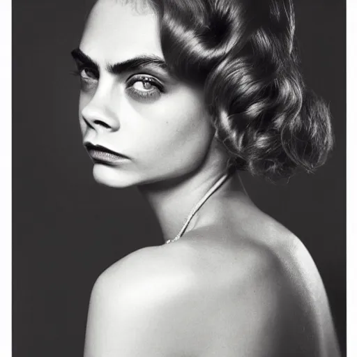 Prompt: photo of a gorgeous 20-year-old Cara Delevingne 1910s hairstyle by Mario Testino, detailed, head shot, award winning, Sony a7R -
