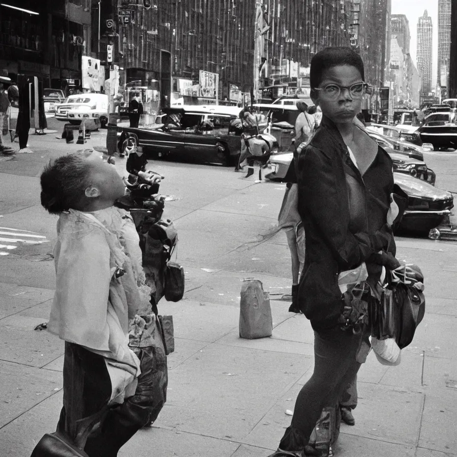 Image similar to street photograph portrait in new york from the 1 9 6 0 s, ultra detailed hyper realistic lifelike, photographed on colour film, photo taken with ektachrome, # film, film grain