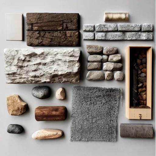 Image similar to “extravagant luxury mountain home architectural materials flatlay, stone, tatami, straw, bamboo, rock, pebbles, pale Japanese natural palette, modern rustic”