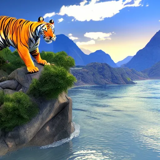 Image similar to hybrid of tiger and dragon, majestic, mountain and river in background, deviantart, global illumination radiating a glowing aura global illumination ray tracing hdr render in unreal engine 5