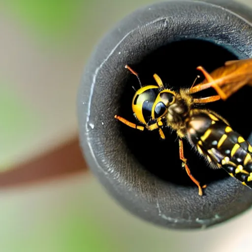 Image similar to wasp at a ring door camera, close - up of wasp, fisheye lens