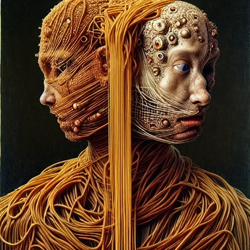 Image similar to siamese twins made of spaghetti, intricate armor made of spaghetti fractals, ancient warrior, samurai style, by giuseppe arcimboldo and ambrosius benson, renaissance, intricate and intense oil paint, a touch of beksinski, realistic