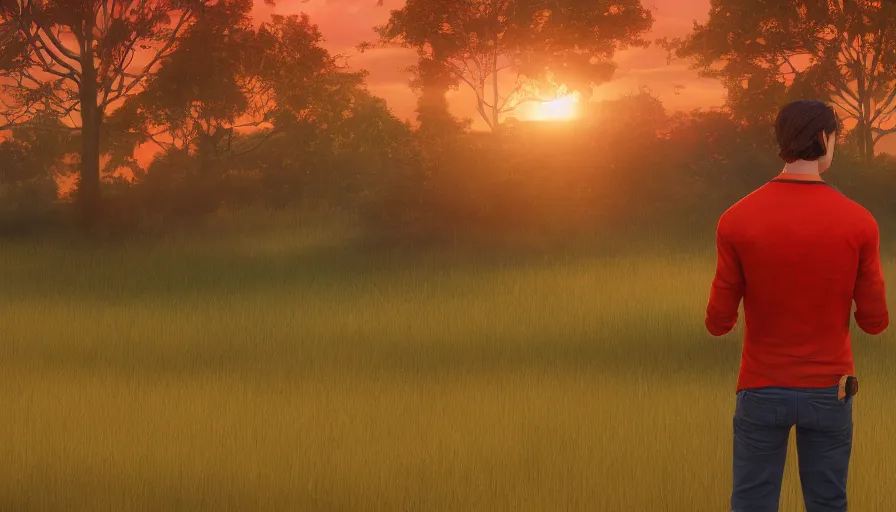 Prompt: back view of a man with red shirt and brown hair looking the sun in the field, wood on the left, houses on the right, hyperdetailed, artstation, cgsociety, 8 k