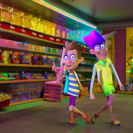 Prompt: Ultra hyperreal, 3D Octane render, Jimmy Neutron at a Candy store