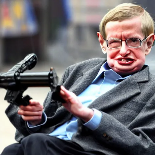 Image similar to stephen hawking with a rocket launcher blowing up terrorists