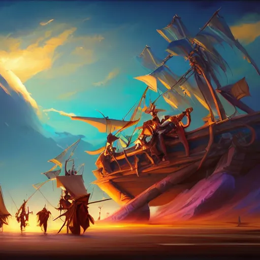 Prompt: annual pirates board meeting, cgsociety, fantasy art, 2 d game art, concept art, heavenly lighting, retrowave, behance hd, concept art by jesper ejsing, by rhads, makoto shinkai cyril rolando, madgwick, cory loftis, anime studio and pixar animation studio and disney