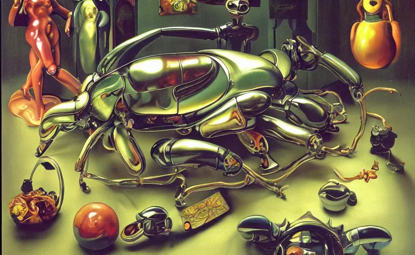 Image similar to strange seductive futuristic robot body, enticing colorful oil painting dutch golden age vanitas still life perfect composition with bulbous objects strange gooey transparent surfaces shiny metal reflections bizarre mutant meat insects rachel ruysch dali todd schorr very detailed perfect composition rule of thirds masterpiece canon 5 0 mm, cinematic lighting, photography, film, kodachrome