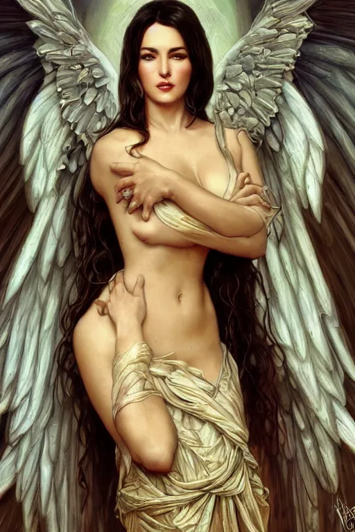 Prompt: monica bellucci as an angel, anatomy, cute, fantasy, intricate, elegant, highly detailed, digital painting, 4 k, hdr, concept art, smooth, sharp focus, illustration, art by artgerm and h r giger and alphonse mucha