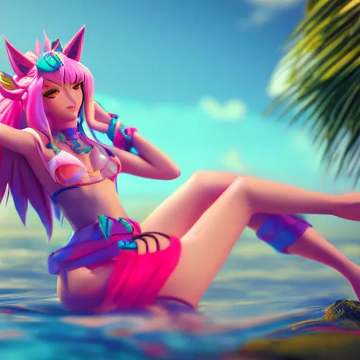 Image similar to beautiful render of pool party Ahri from league of legends looking at the horizon in a hawaii beach, 3d, octane render, realistic, highly detailed, trending on artstation