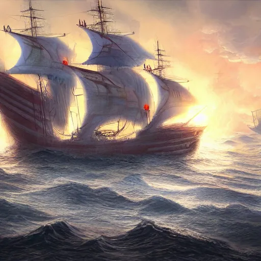 Prompt: fantasy fireship crossing an ocean, high detail, fantasy art, concept art, 4 k, ultra detail, computer art