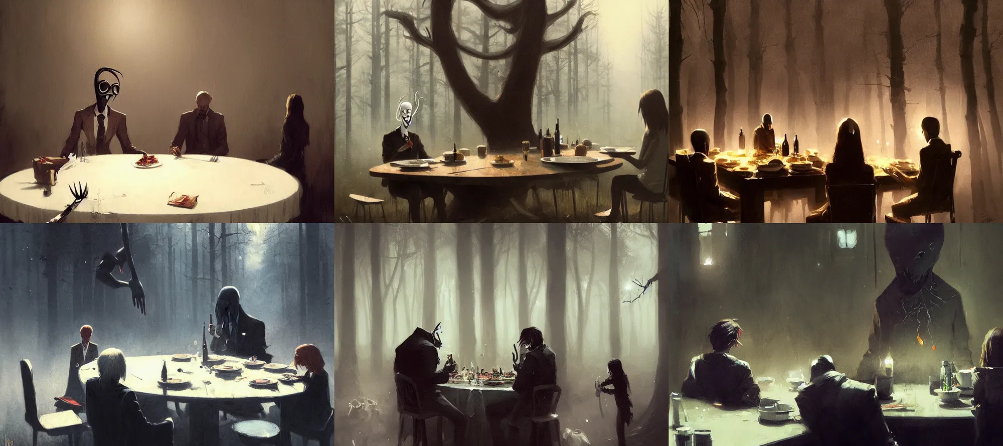 Prompt: slenderman eating dinner at a table happiness is temporary by greg rutkowski