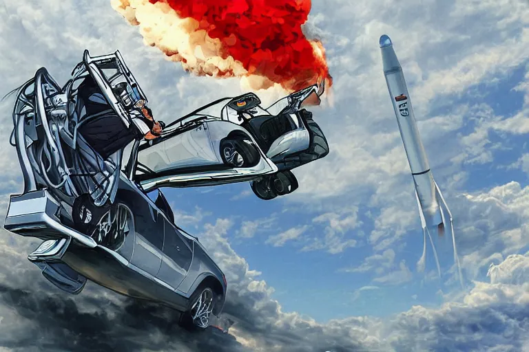 Image similar to Elon Musk riding on top of a rocket, digital art, highly detailed