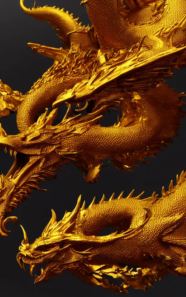 Image similar to depicting a golden dragon. hyper - real, ultra realistic, dark atmosphere, cinematic, 8 k, octane render