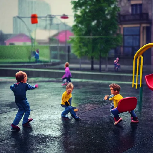 Prompt: kids playing at playground in the middle of rainy day. photorealistic, hyperrealistic, cinematic, artstation, octane render, unreal, 8 k