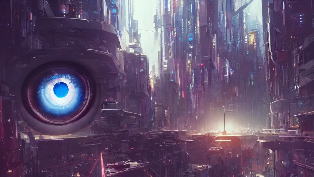 Prompt: giant robotic eye!! staring menacingly!!!!, cyberpunk city, by makoto shinkai, greg rutkowski, artstation, high detailed, cgsociety