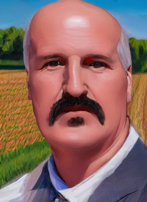 Image similar to digital portrait of a person looking like alexander lukashenko ruling tractor in fields, hot sun, photo realism