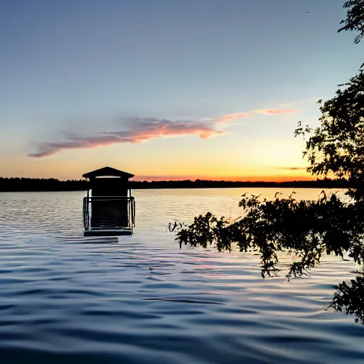 Prompt: A white door floating above a lake. The sun is setting behind the floating door.