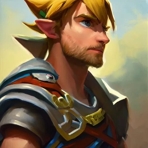 Image similar to greg manchess portrait painting of link from legend of zelda as overwatch character, medium shot, asymmetrical, profile picture, organic painting, sunny day, matte painting, bold shapes, hard edges, street art, trending on artstation, by huang guangjian and gil elvgren and sachin teng