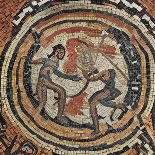 Image similar to an ancient roman mosaic of ultimate frisbee