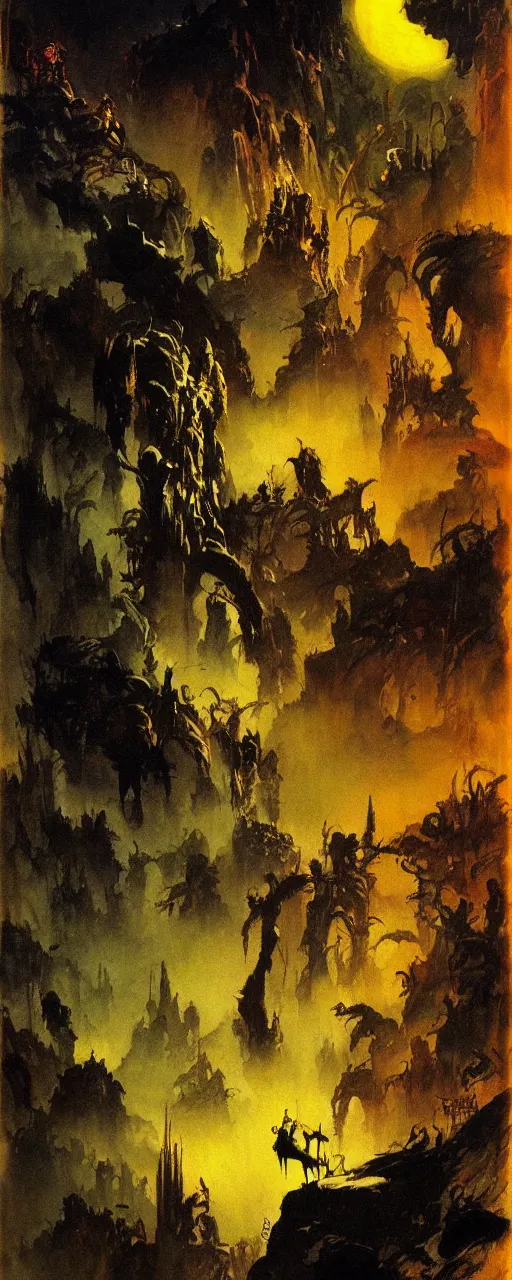 Prompt: frazetta painting of mystic cinematic jungle , nighttime ,daytime , backlight , detailed visible brushmarks